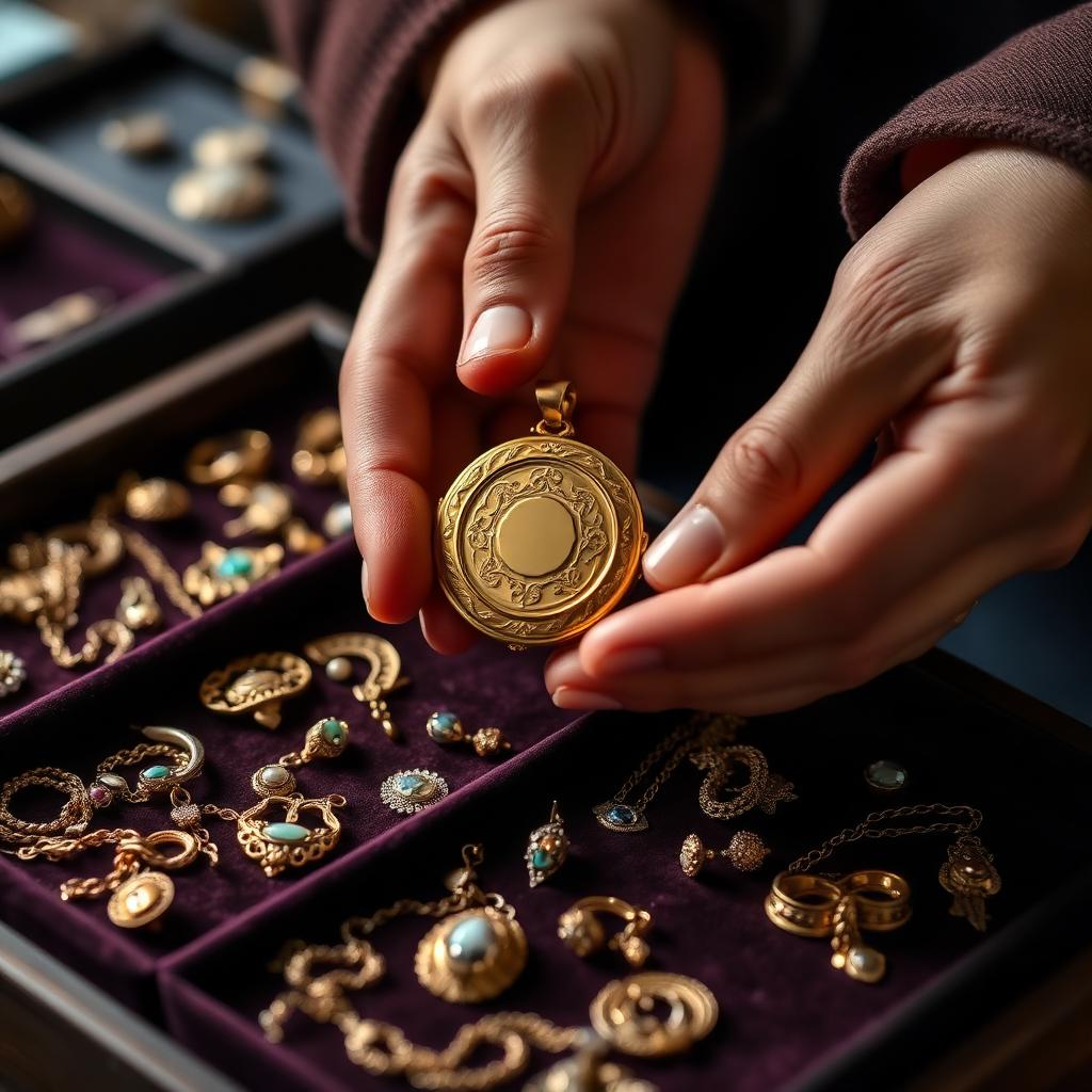 A pair of hands carefully inspecting an engraved gold locket above a velvet-lined tray of estate jewelry