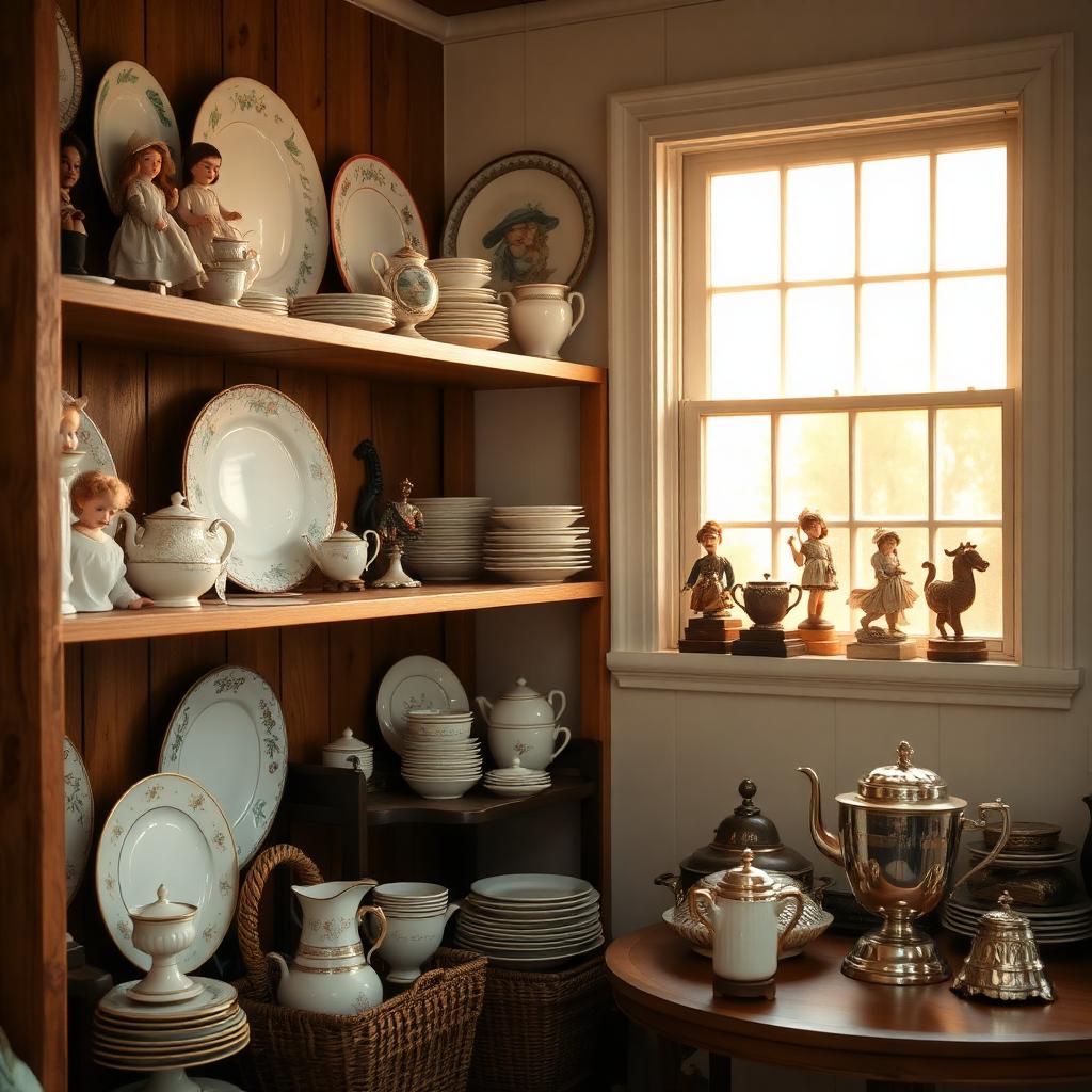 A warmly lit vintage china cabinet stacked with antique plates, dolls, and a silver tea set beside a sunlit window